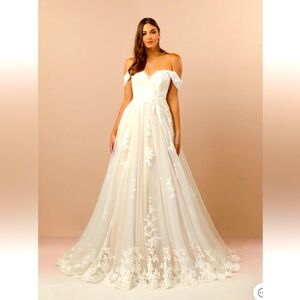 NWT AZAZIE BOTANICA
Diamond White Champagne A-Line Lace Tulle Dress
Size 18